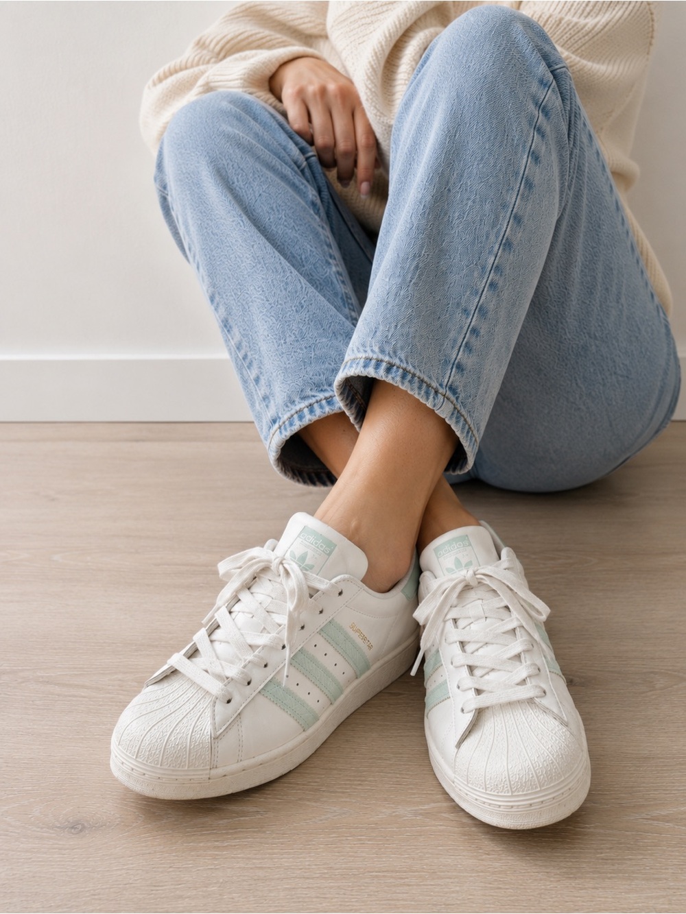 Adidas Superstar Leather Sneakers White Mint Green Size 8.5 Minimalist